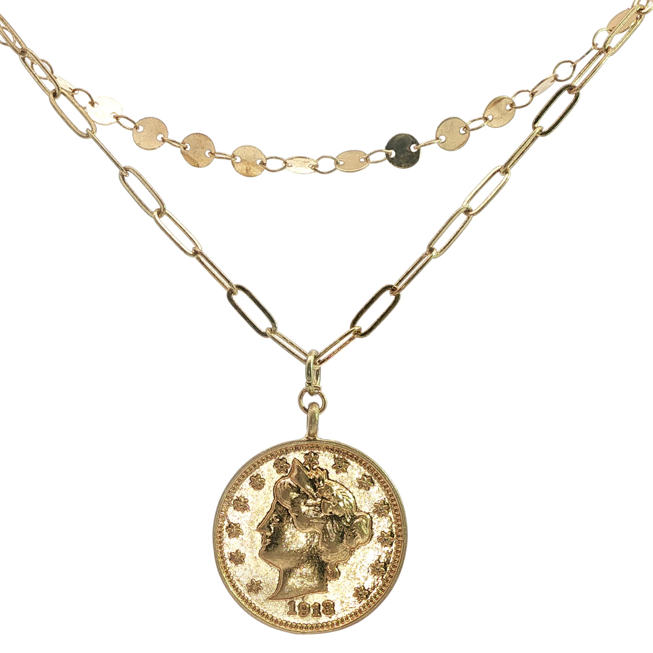 Yellow Gold Layered Necklace with Vintage-Inspired Coin Pendant