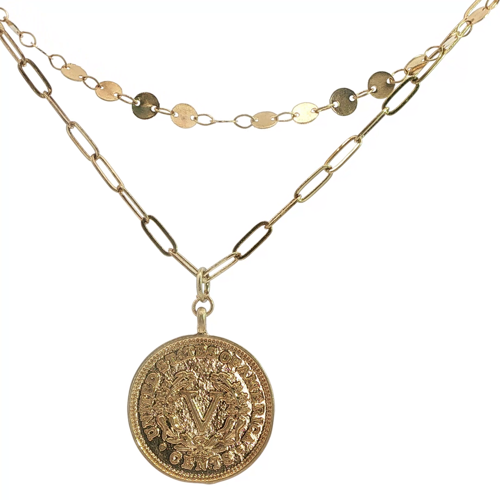 Yellow Gold Layered Necklace with Vintage-Inspired Coin Pendant