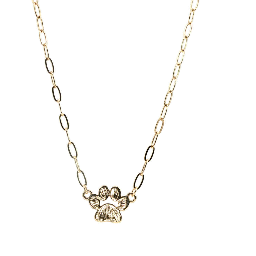 Yellow Gold Paw Print Charm Necklace on Paperclip Chain