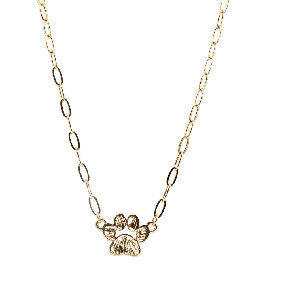 Yellow Gold Paw Print Charm Necklace on Paperclip Chain