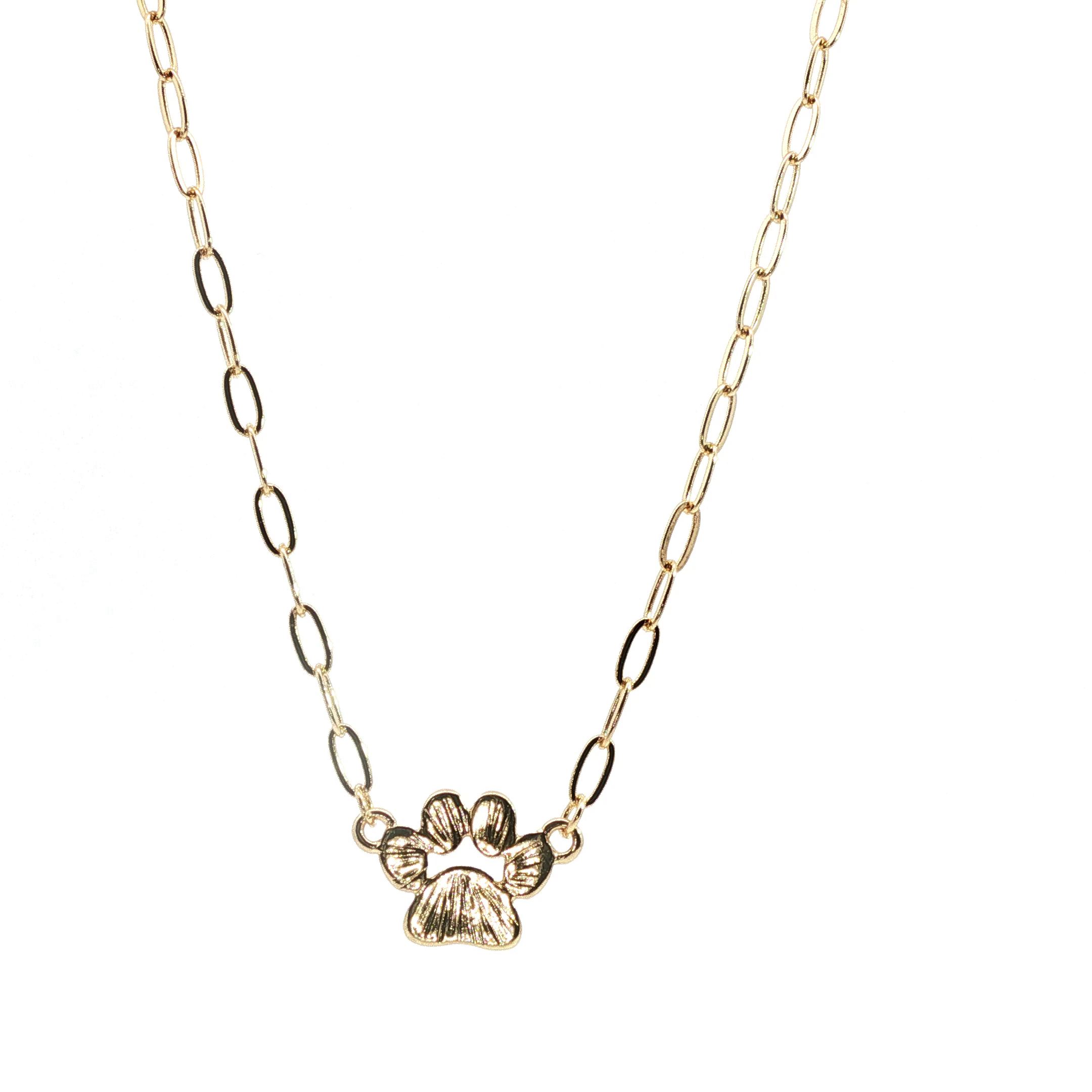 Yellow Gold Paw Print Charm Necklace on Paperclip Chain