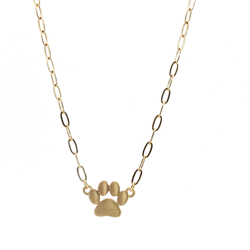 Yellow Gold Paw Print Charm Necklace on Paperclip Chain