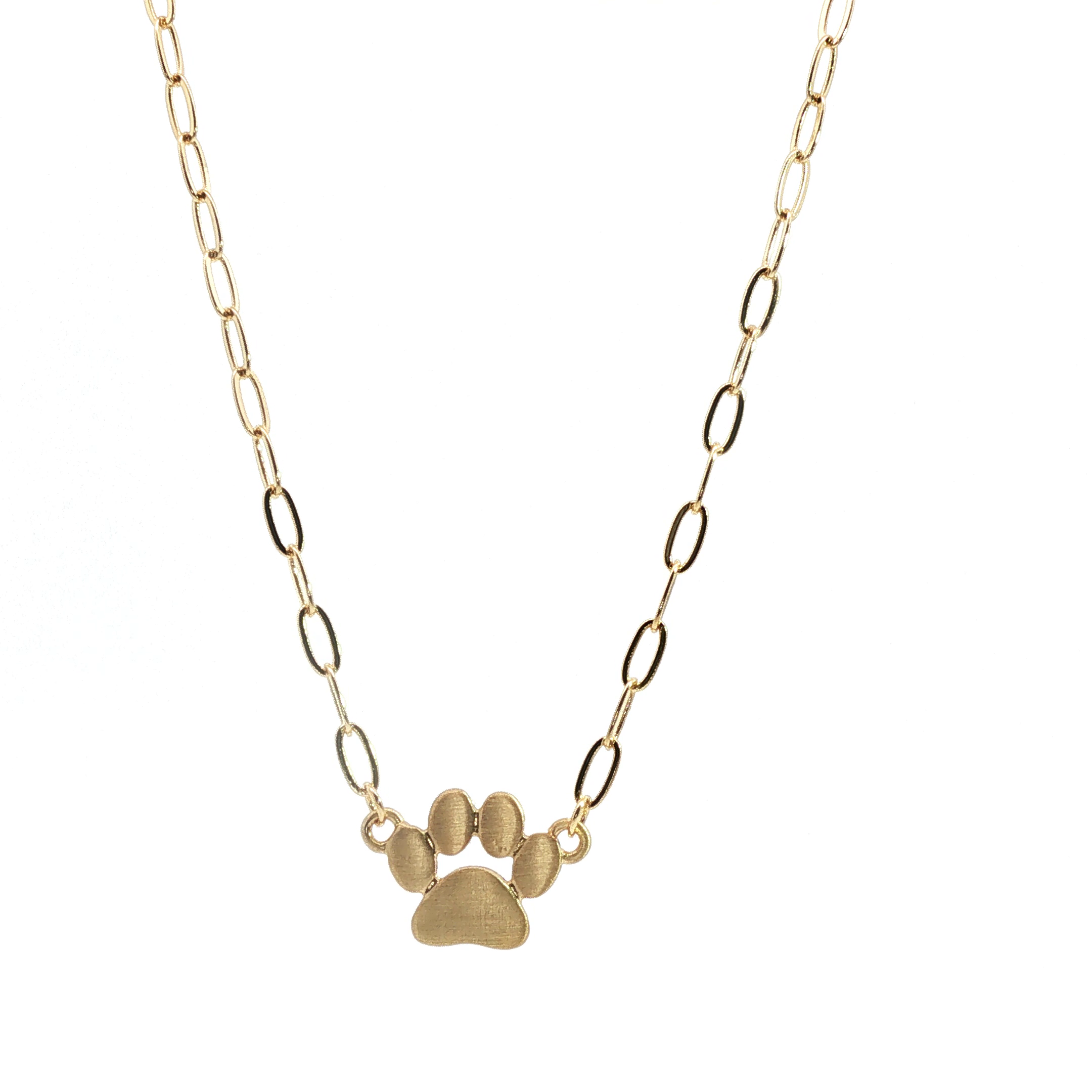 Yellow Gold Paw Print Charm Necklace on Paperclip Chain