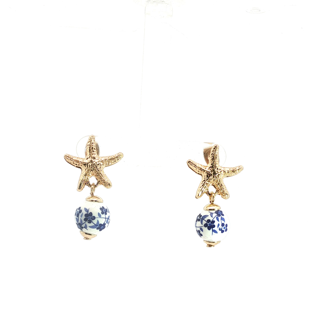 Yellow Gold Starfish Drop Earrings with Floral Crystal Beads