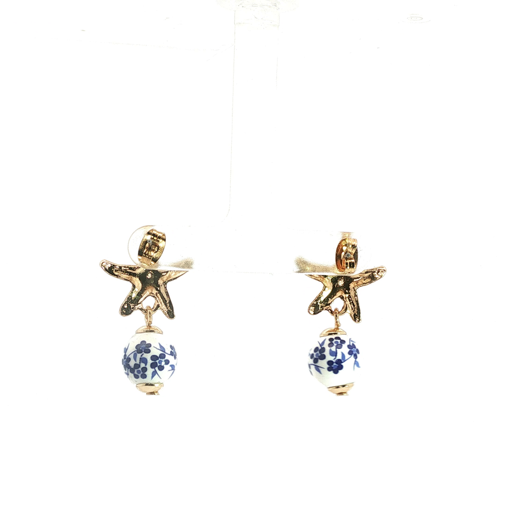 Yellow Gold Starfish Drop Earrings with Floral Crystal Beads