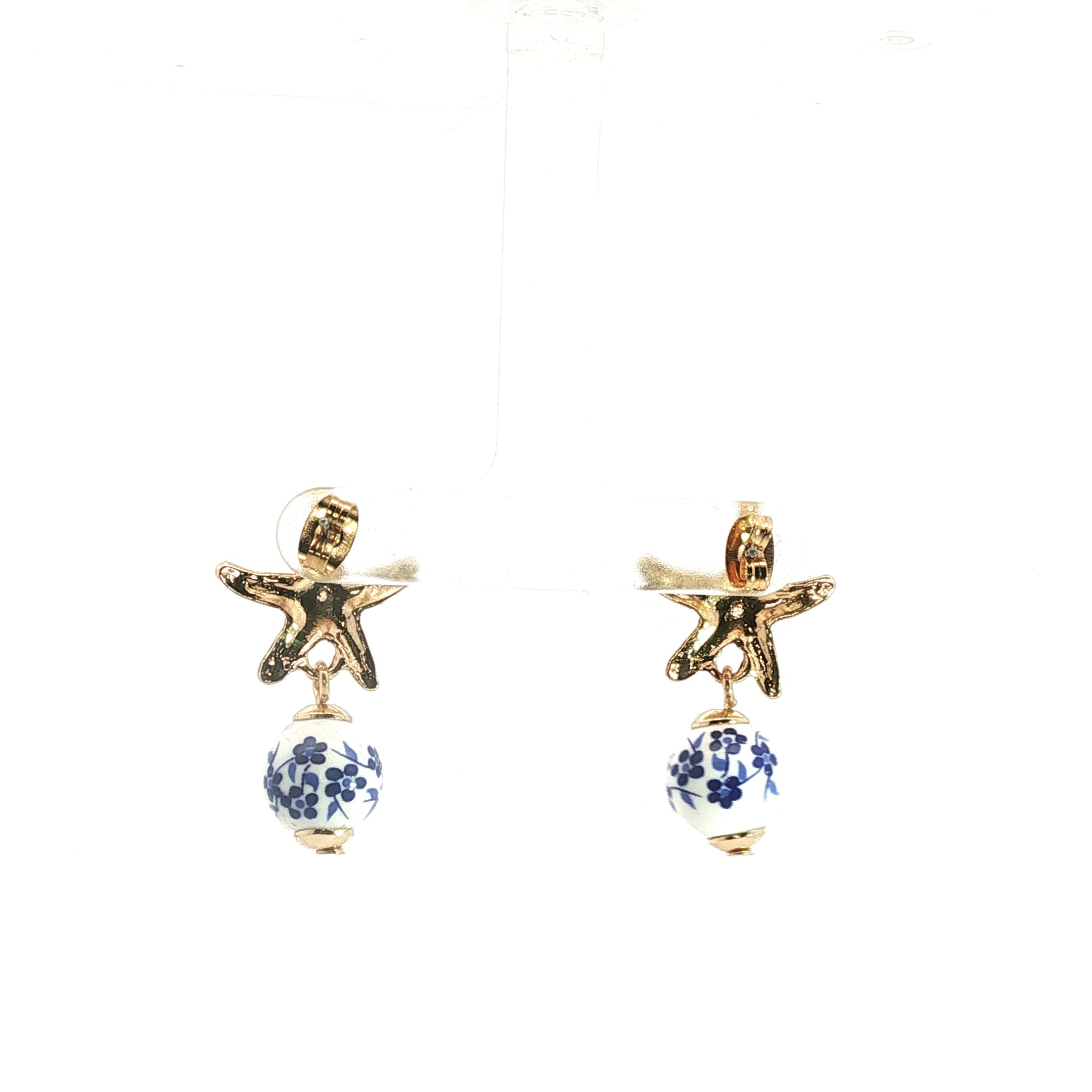 Yellow Gold Starfish Drop Earrings with Floral Crystal Beads