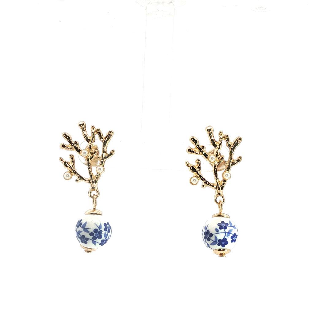 Yellow Gold Coral Motif Pearl and Floral Drop Earrings