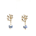 Yellow Gold Coral Motif Pearl and Floral Drop Earrings