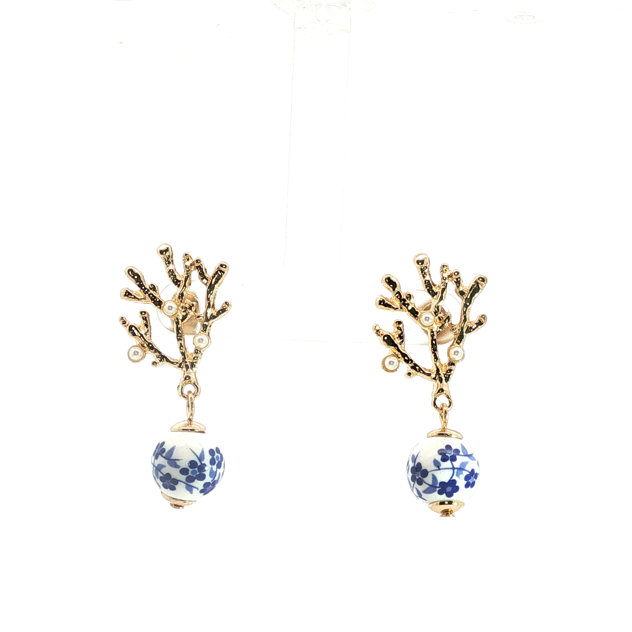 Yellow Gold Coral Motif Pearl and Floral Drop Earrings