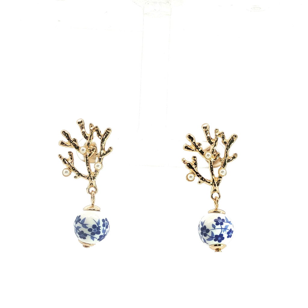 Yellow Gold Coral Motif Pearl and Floral Drop Earrings