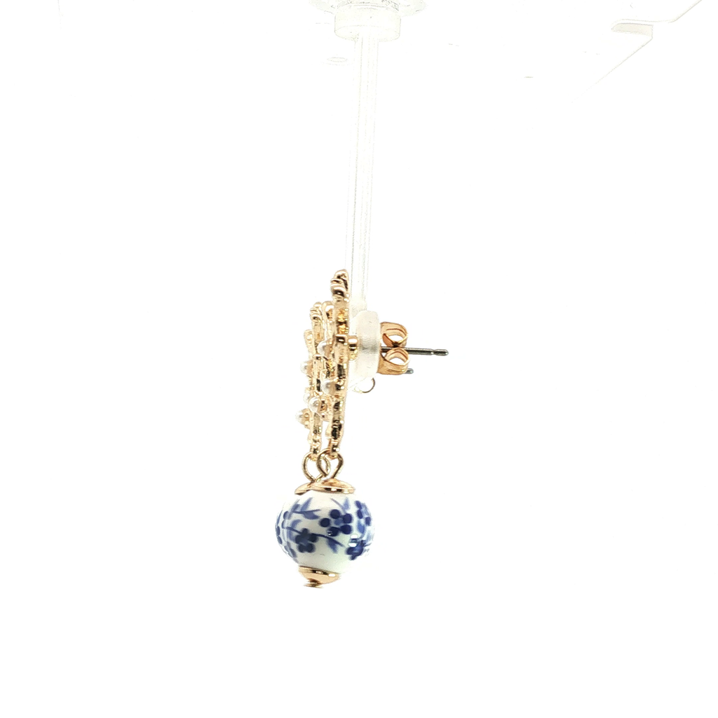 Yellow Gold Coral Motif Pearl and Floral Drop Earrings