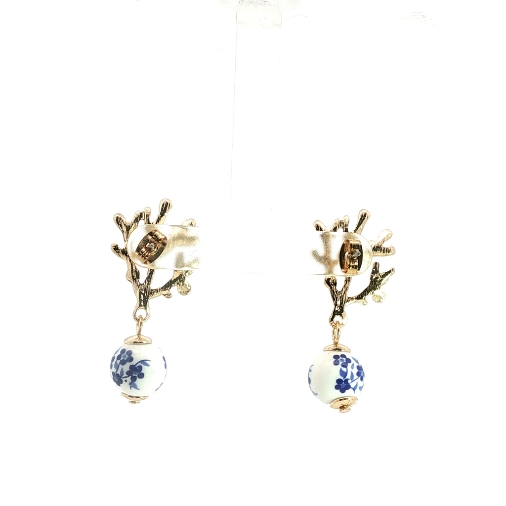 Yellow Gold Coral Motif Pearl and Floral Drop Earrings