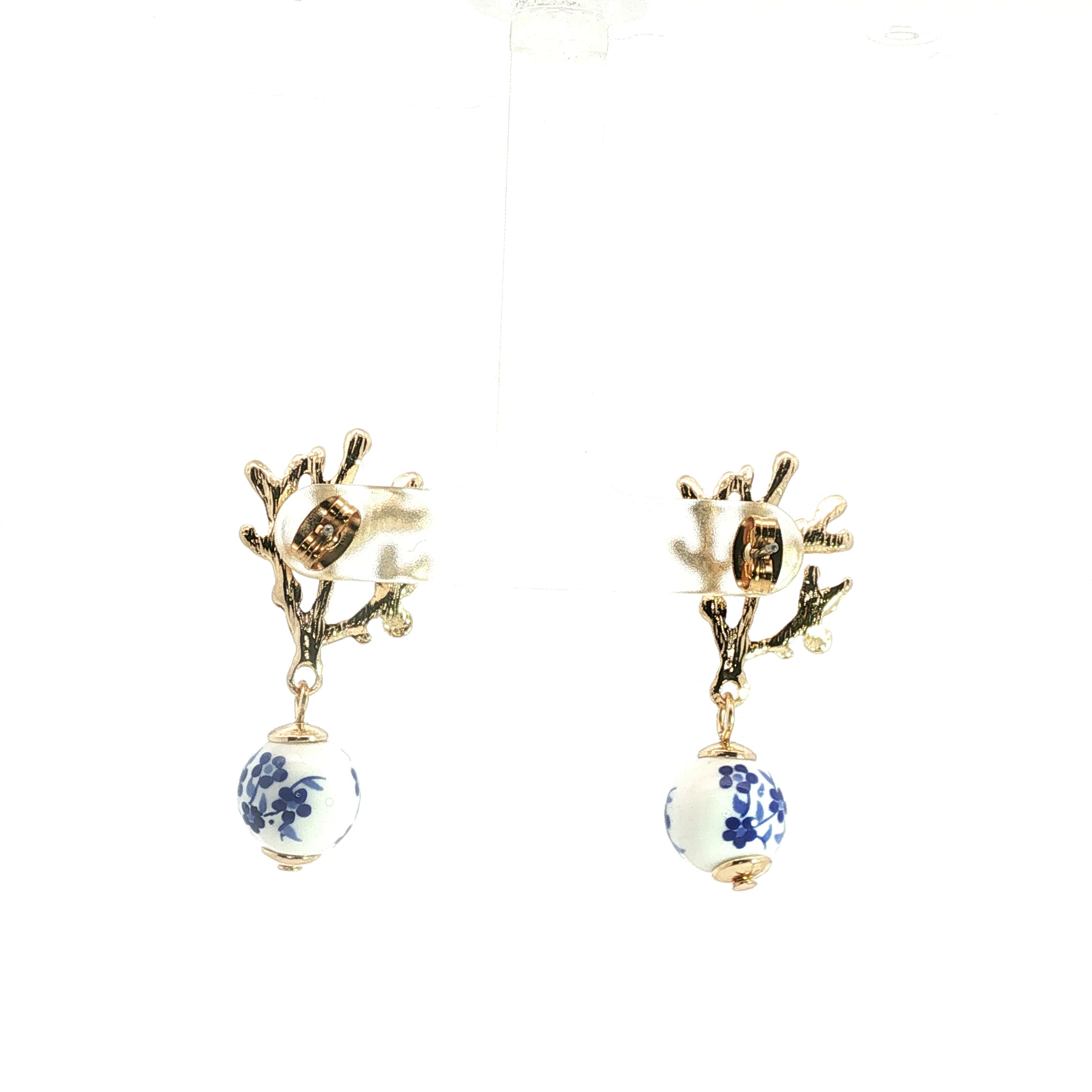 Yellow Gold Coral Motif Pearl and Floral Drop Earrings