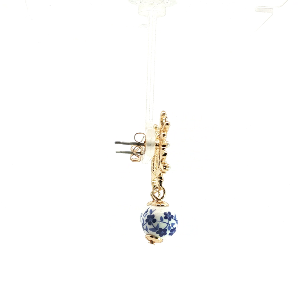 Yellow Gold Coral Motif Pearl and Floral Drop Earrings