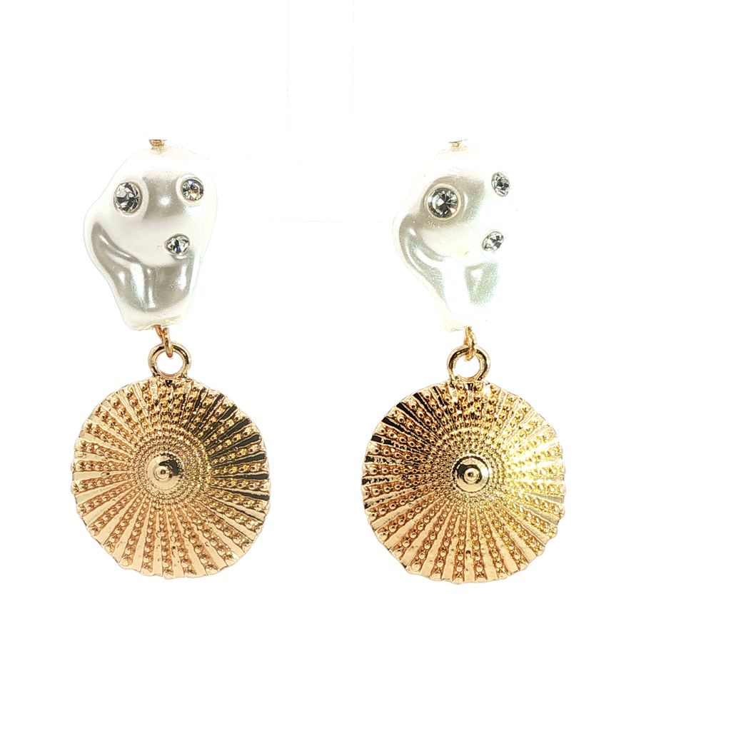 Baroque Pearl and Yellow Gold Sunburst Disc Drop Earrings