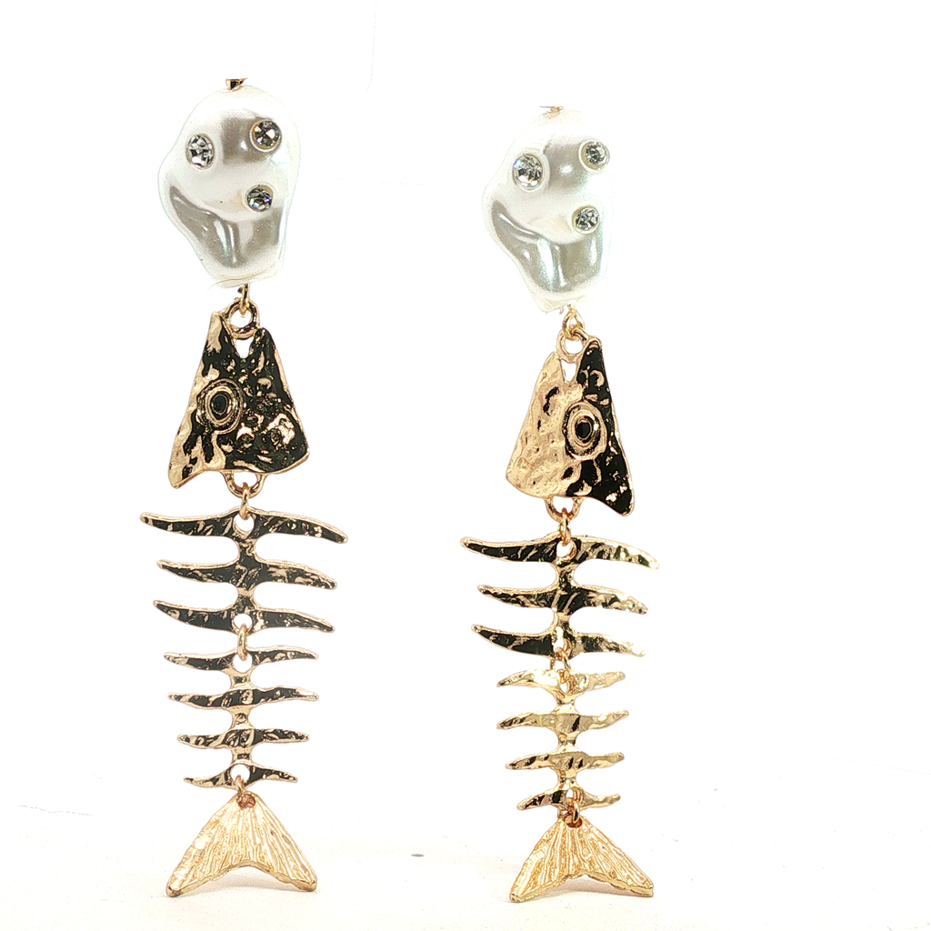 Articulated Fish Skeleton and Pearl Yellow Gold Dangle Earrings