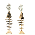 Articulated Fish Skeleton and Pearl Yellow Gold Dangle Earrings