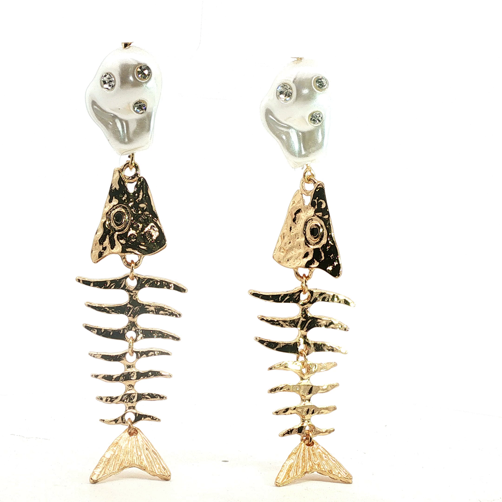 Articulated Fish Skeleton and Pearl Yellow Gold Dangle Earrings