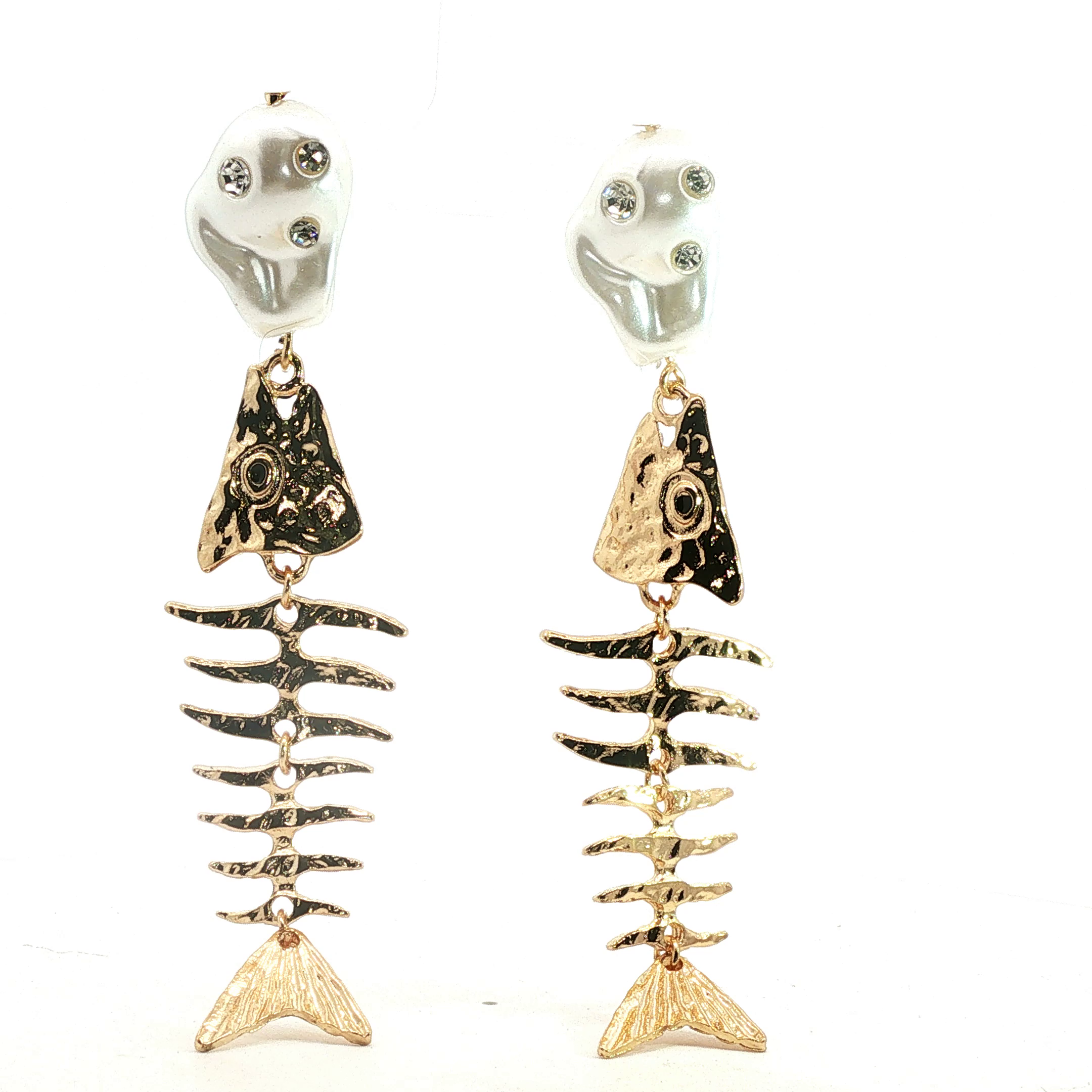 Articulated Fish Skeleton and Pearl Yellow Gold Dangle Earrings