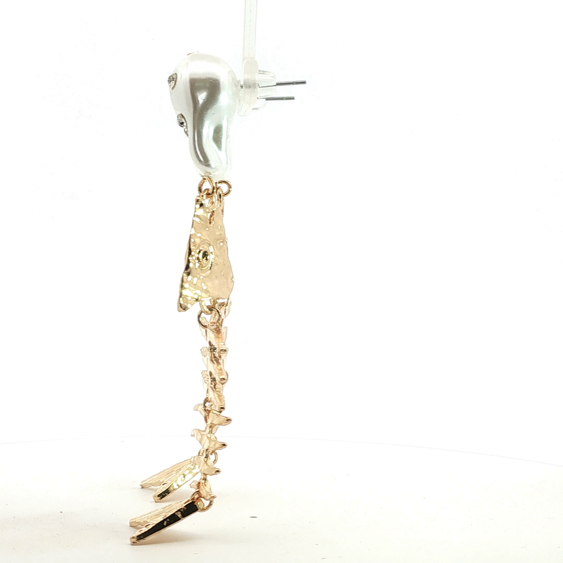 Articulated Fish Skeleton and Pearl Yellow Gold Dangle Earrings