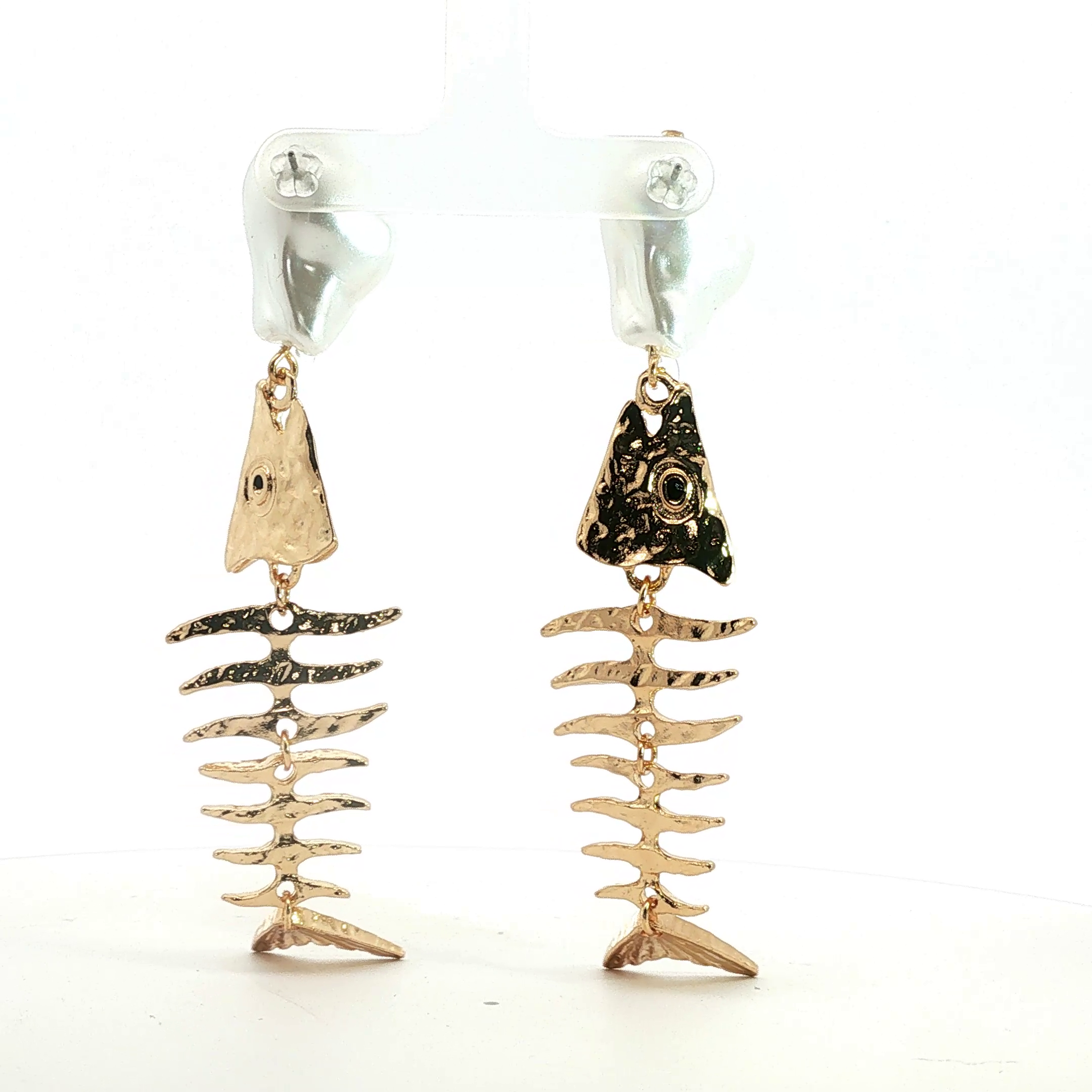 Articulated Fish Skeleton and Pearl Yellow Gold Dangle Earrings