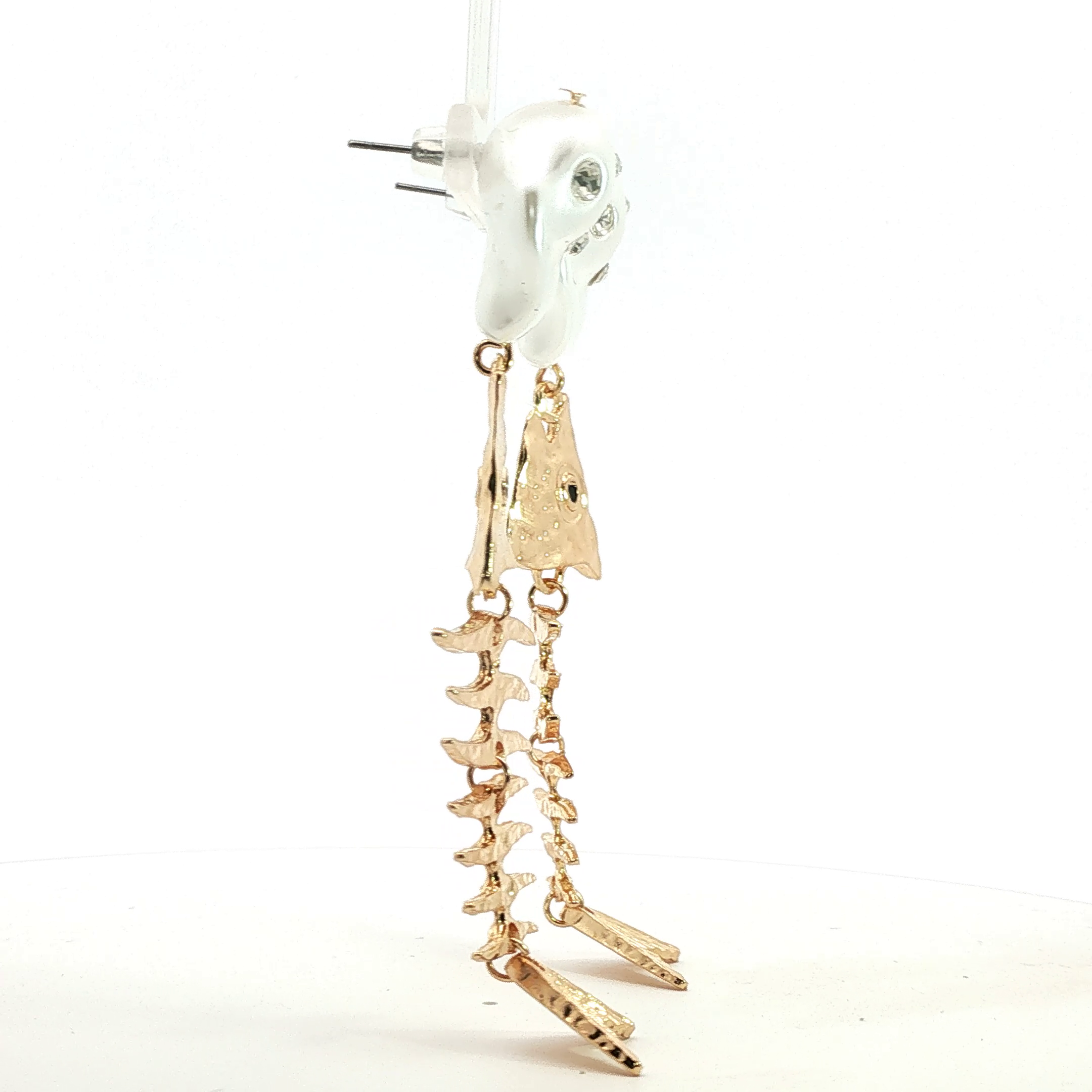 Articulated Fish Skeleton and Pearl Yellow Gold Dangle Earrings