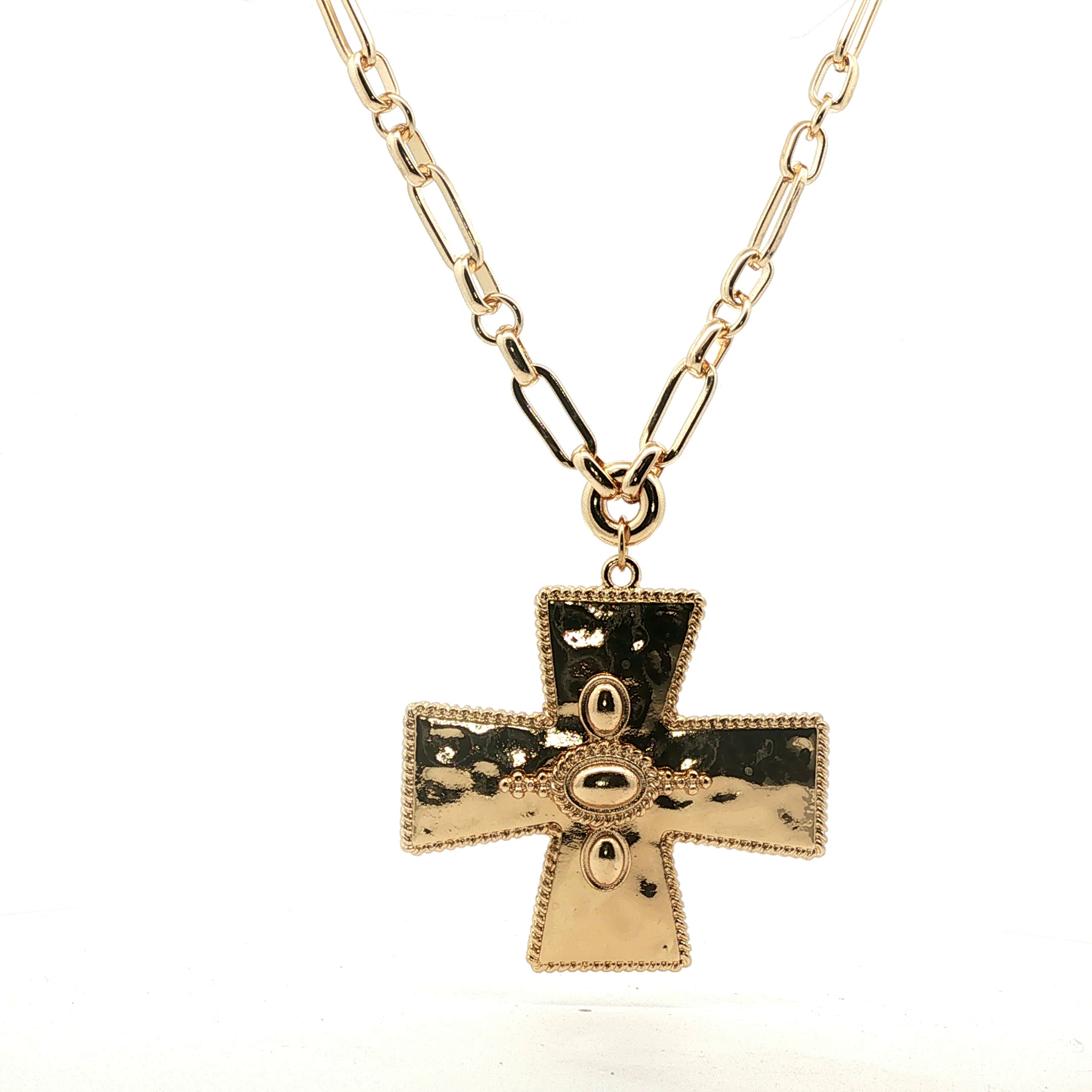 Yellow Gold Hammered Cross Pendant on Paperclip Chain