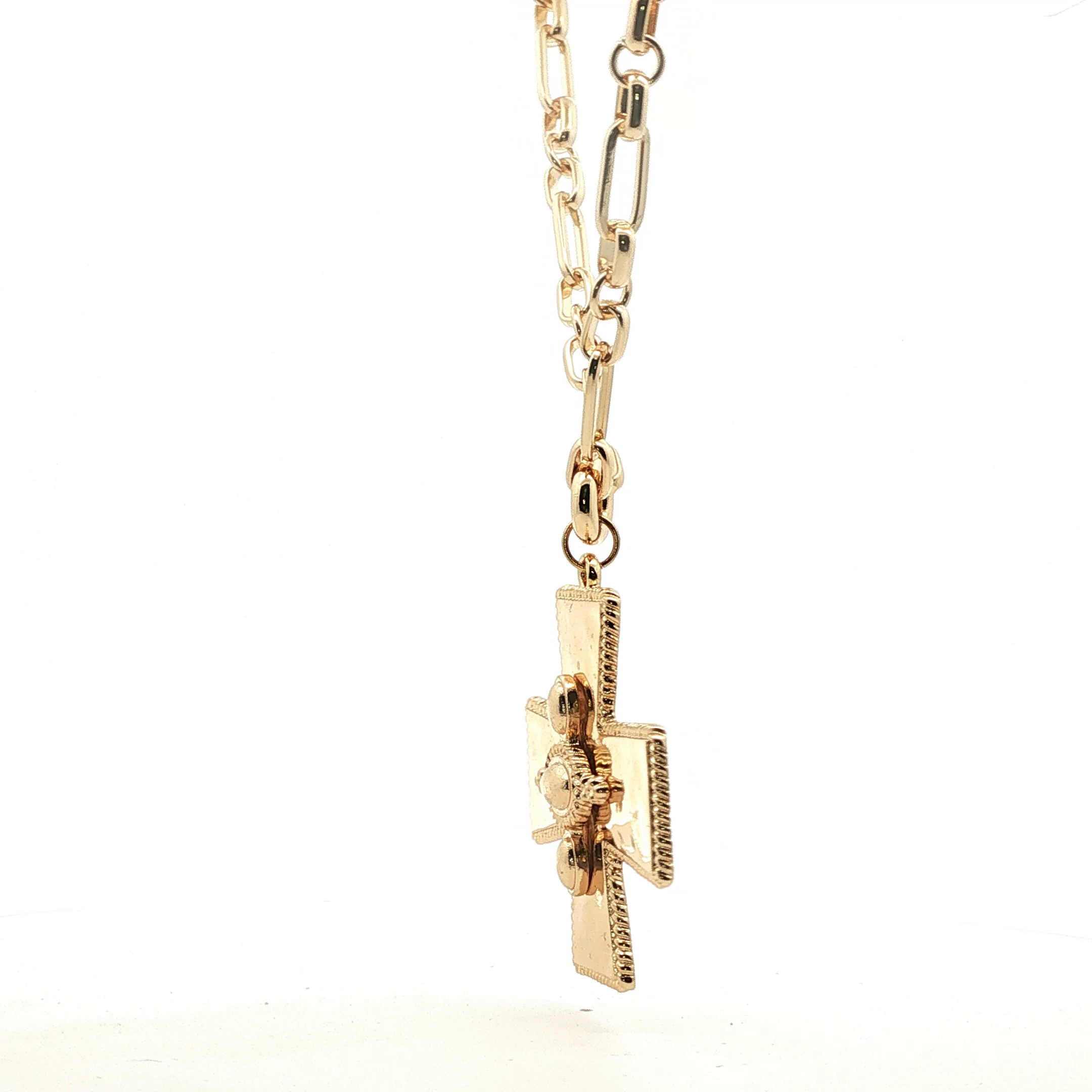 Yellow Gold Hammered Cross Pendant on Paperclip Chain