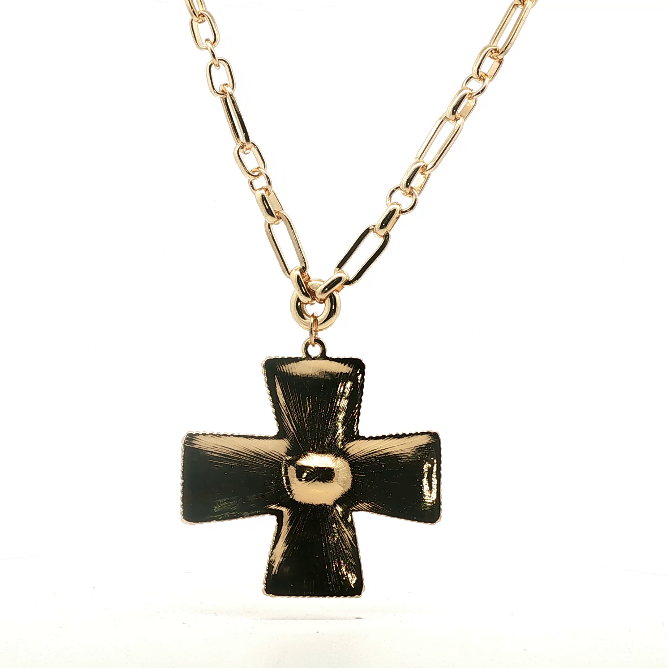 Yellow Gold Hammered Cross Pendant on Paperclip Chain