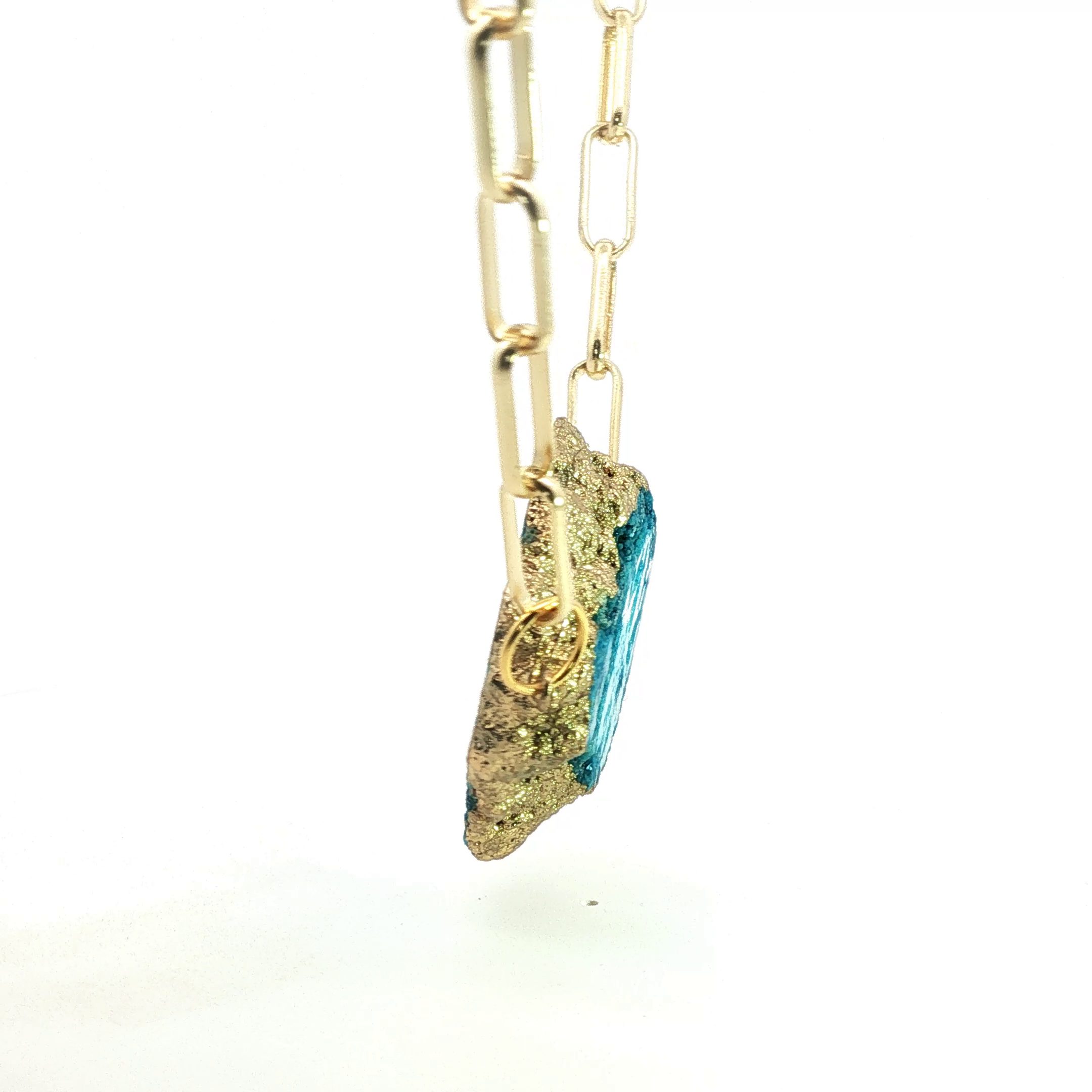 Blue Agate Geode Slice Yellow Gold Paperclip Chain Necklace