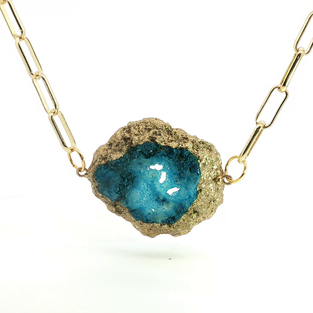 Blue Agate Geode Slice Yellow Gold Paperclip Chain Necklace