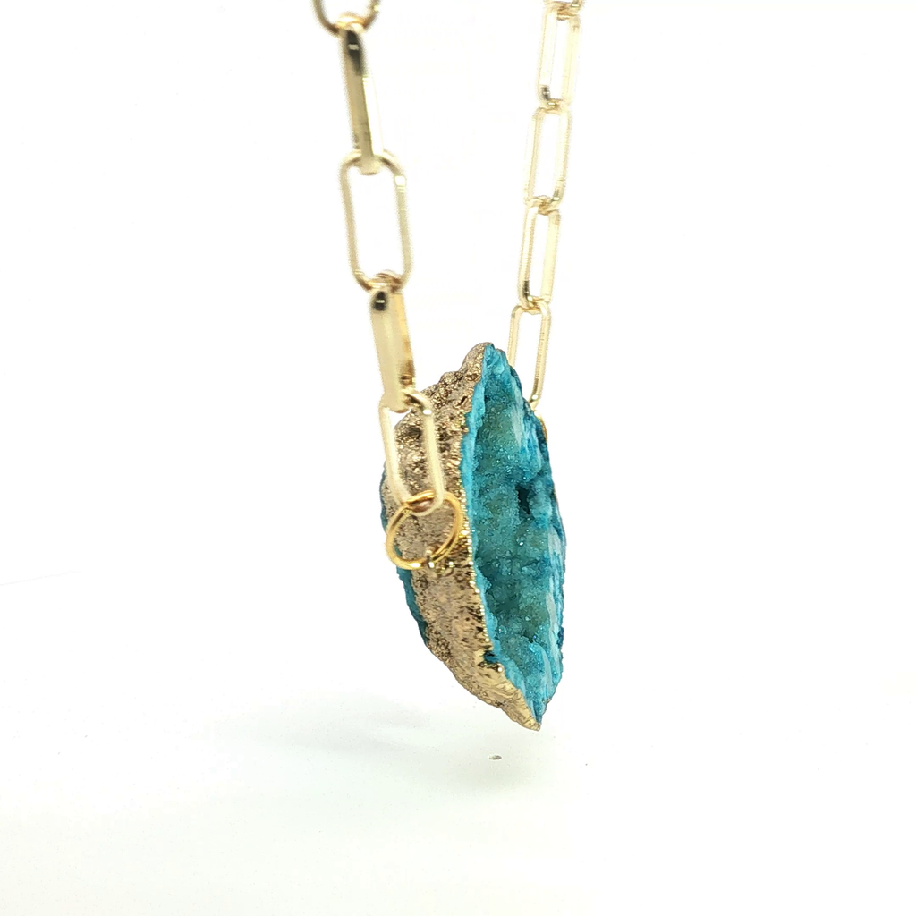Blue Agate Geode Slice Yellow Gold Paperclip Chain Necklace