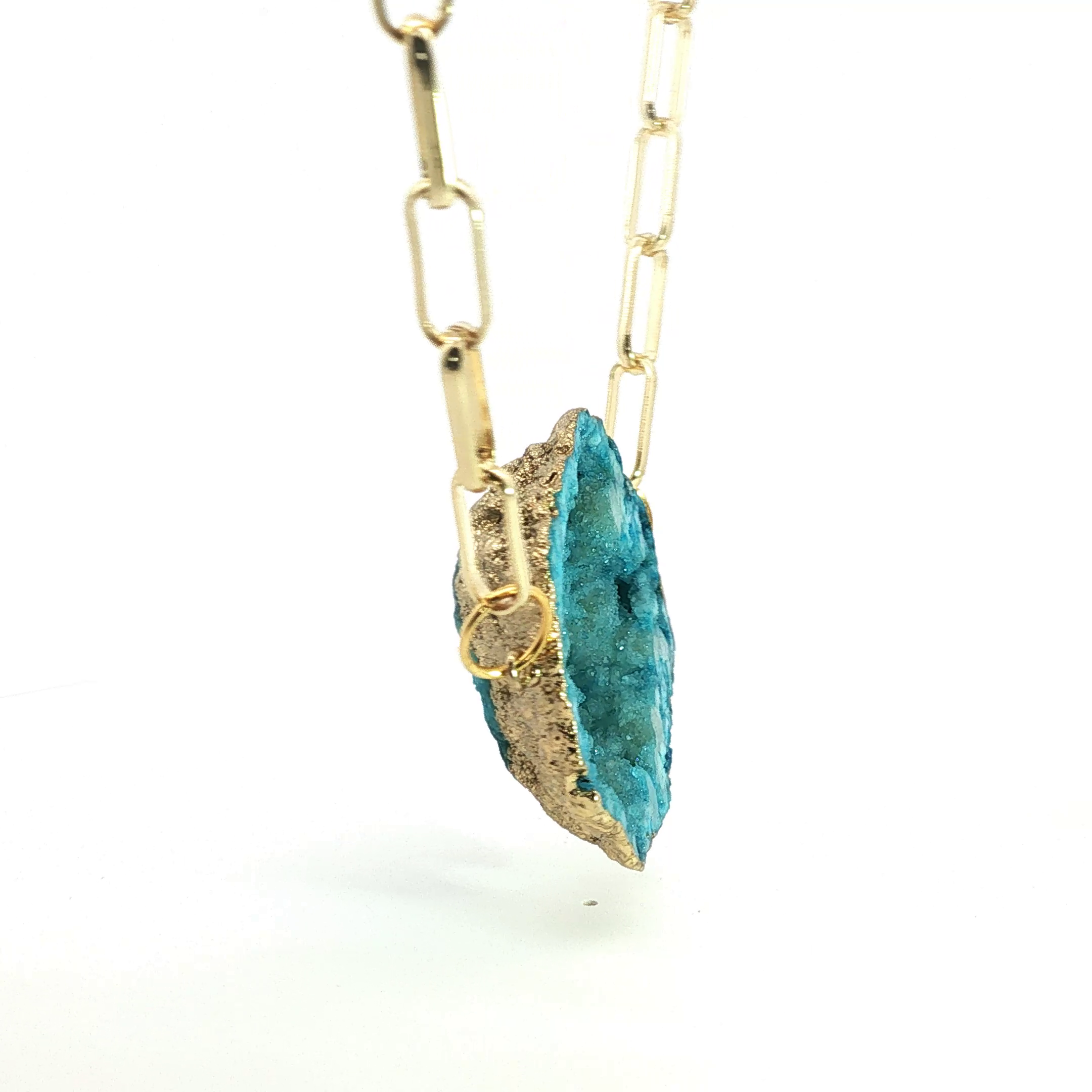 Blue Agate Geode Slice Yellow Gold Paperclip Chain Necklace
