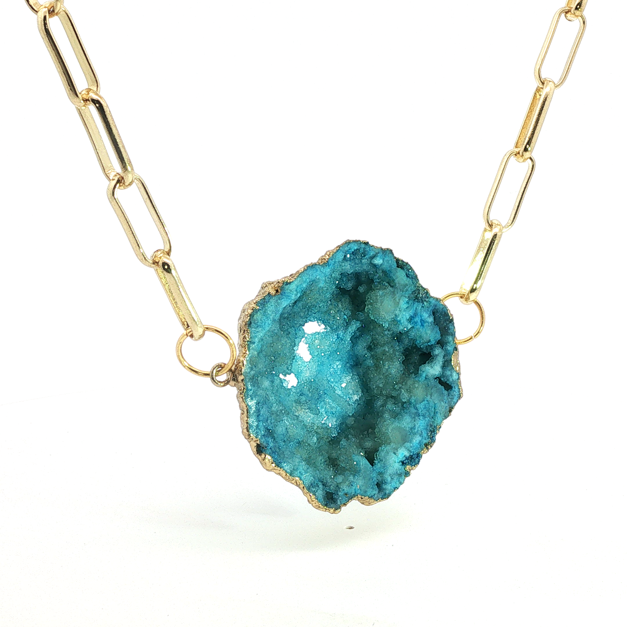 Blue Agate Geode Slice Yellow Gold Paperclip Chain Necklace