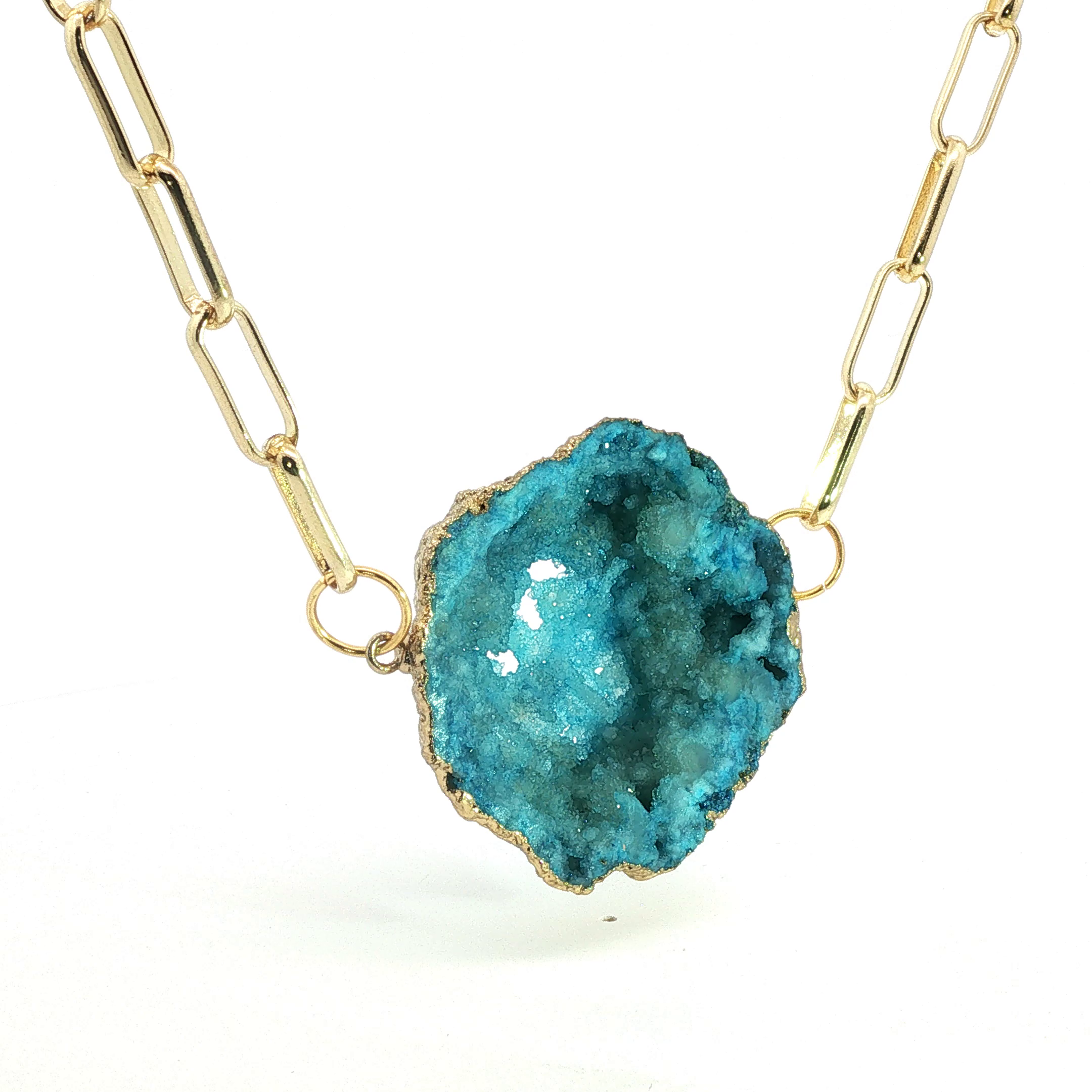 Blue Agate Geode Slice Yellow Gold Paperclip Chain Necklace