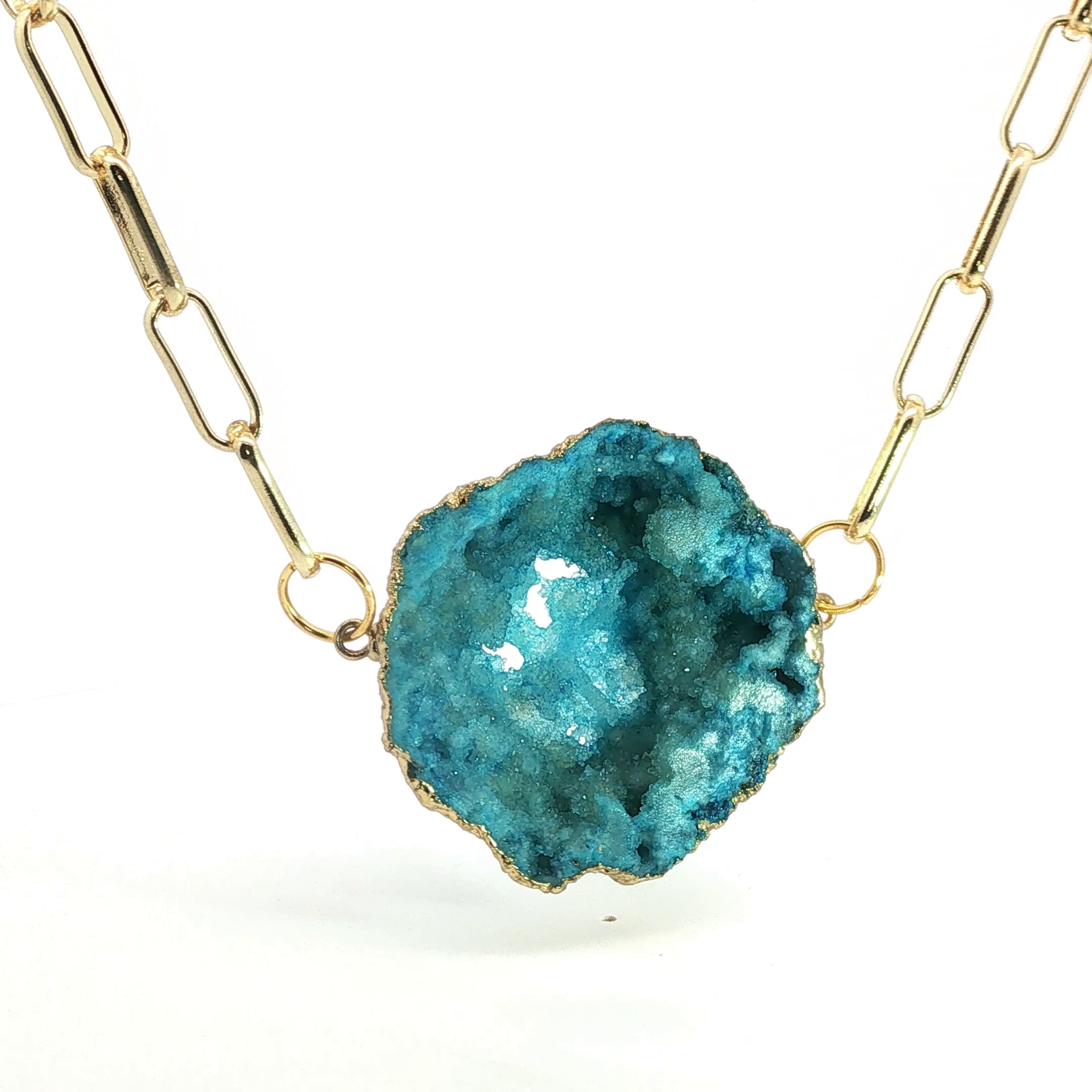 Blue Agate Geode Slice Yellow Gold Paperclip Chain Necklace