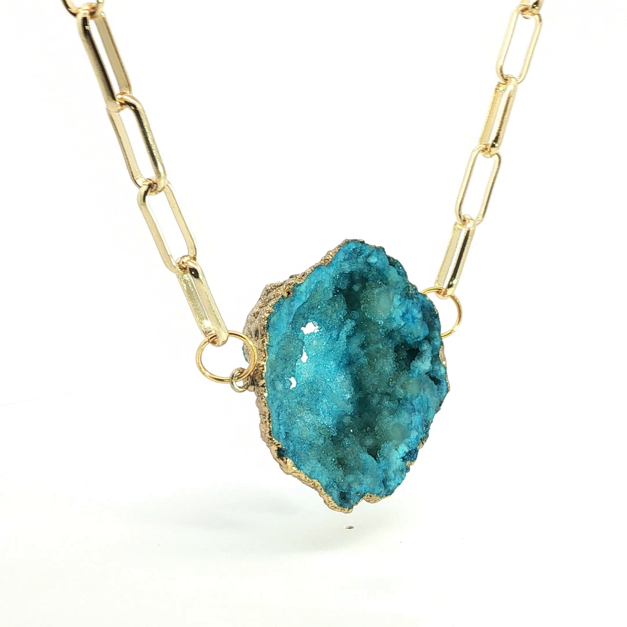 Blue Agate Geode Slice Yellow Gold Paperclip Chain Necklace