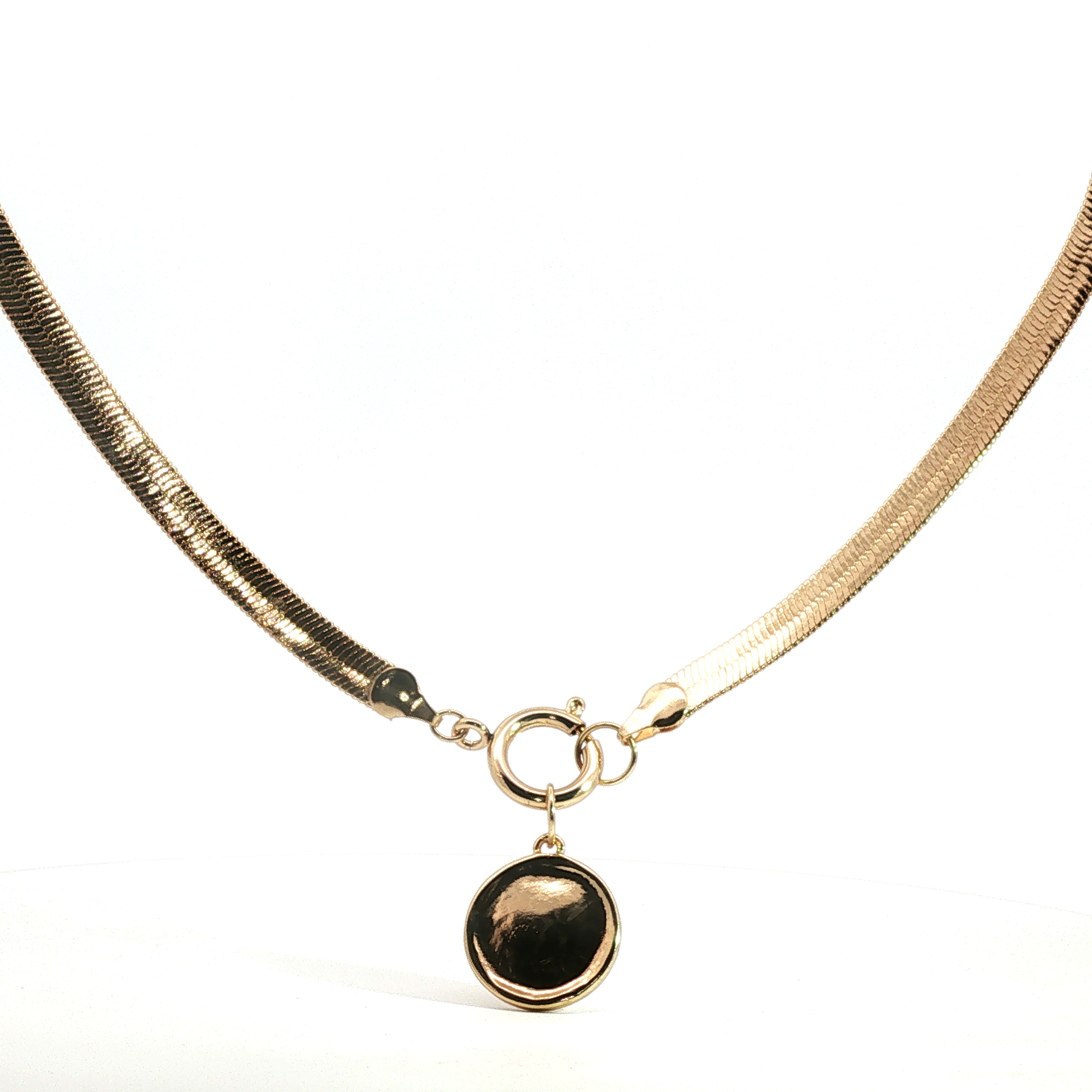 Yellow Gold Herringbone Charm Necklace with Front Clasp
