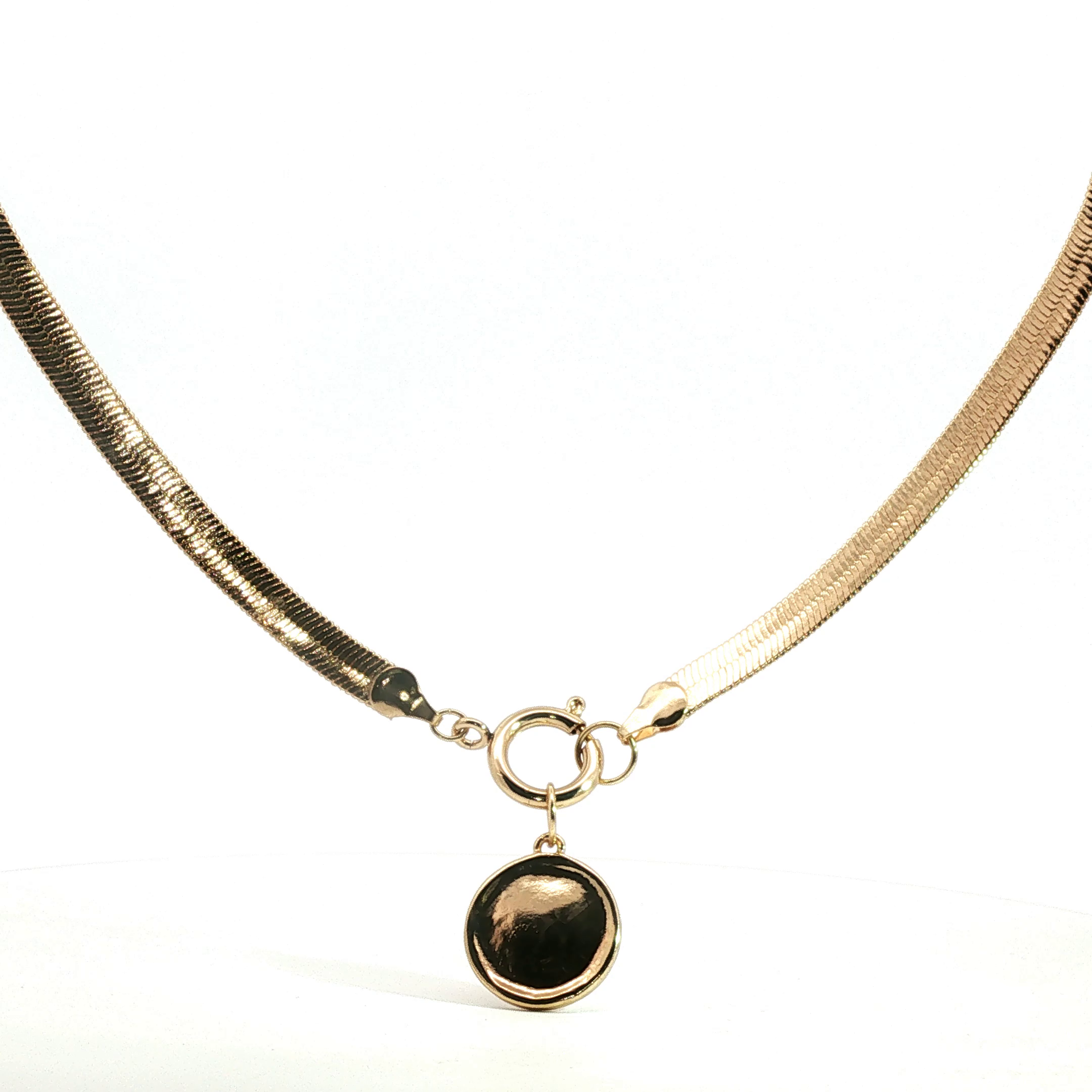 Yellow Gold Herringbone Charm Necklace with Front Clasp