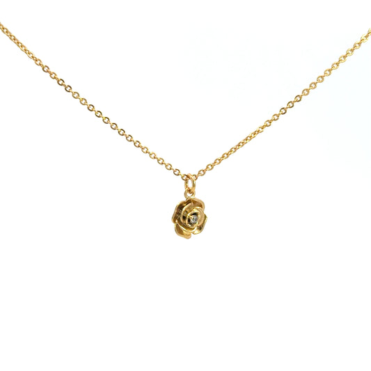 Yellow Gold Rose Necklace with Round Cut Diamond