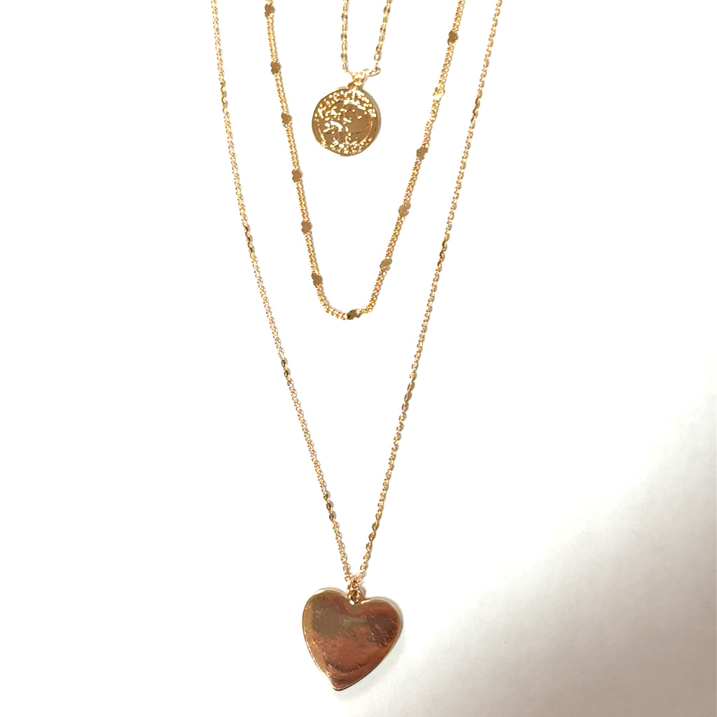 Gold Layered Necklace with Coin and Heart Pendants