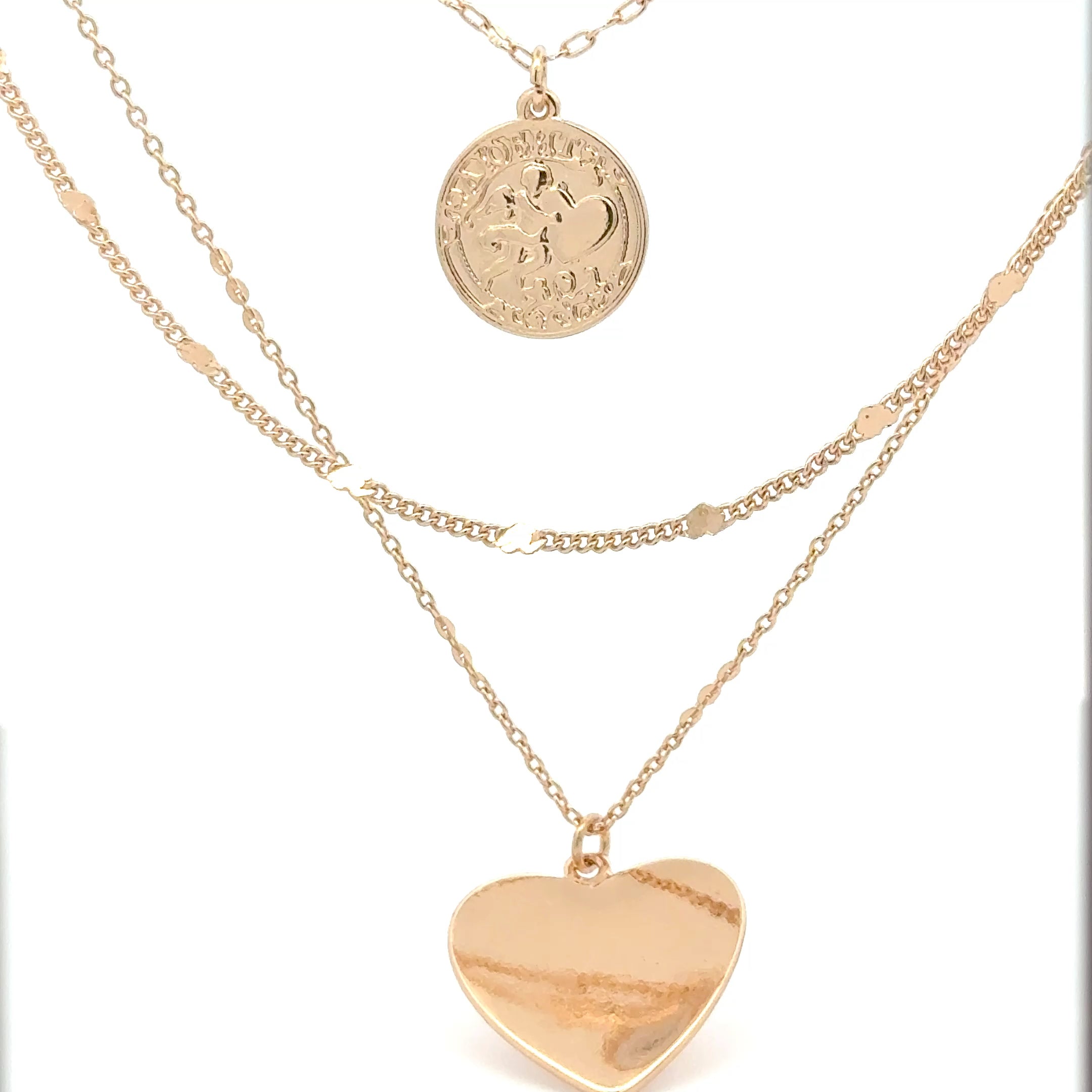 Gold Layered Necklace with Coin and Heart Pendants