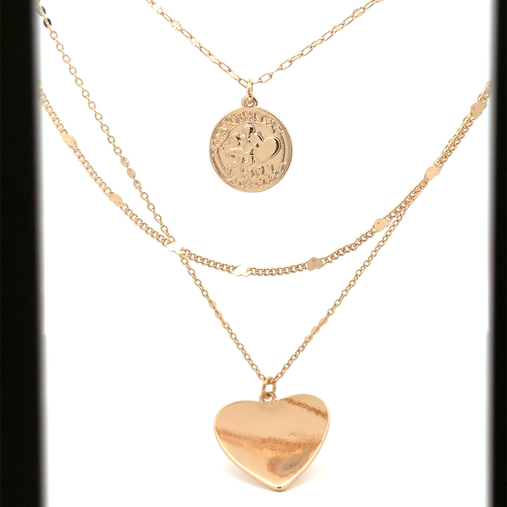 Gold Layered Necklace with Coin and Heart Pendants