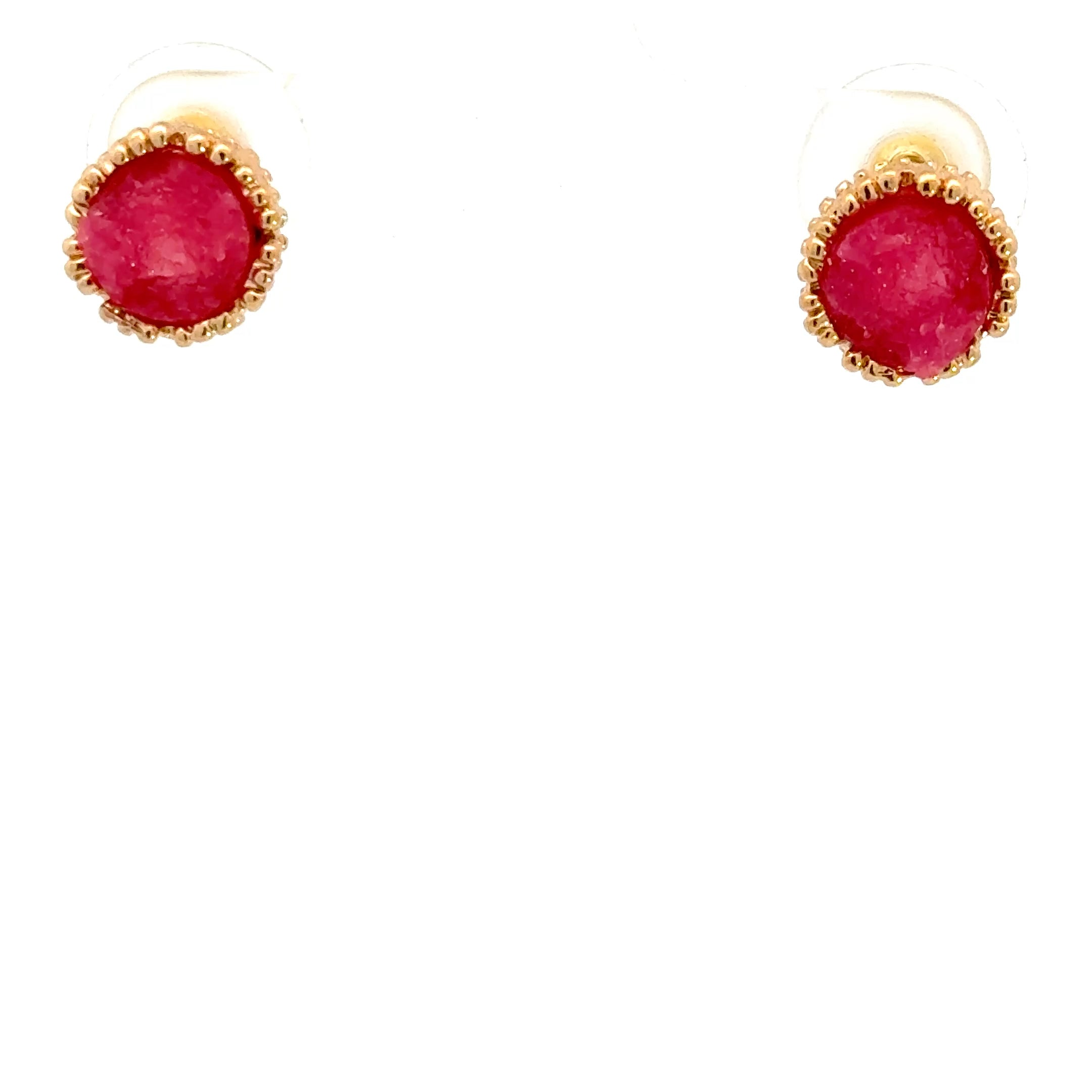 Yellow Gold Stud Earrings with Round Cabochon Ruby