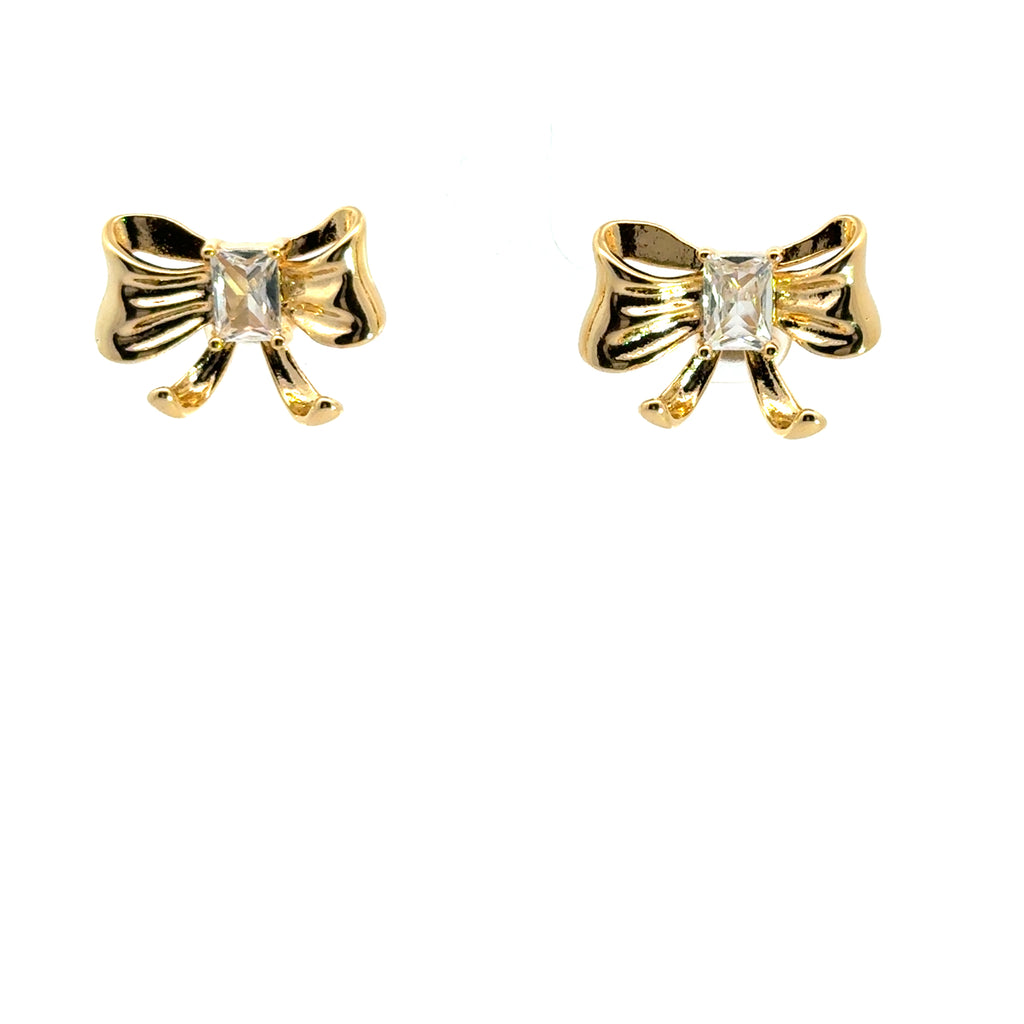 Yellow Gold Stud Earrings with Square Cut Diamond Bows