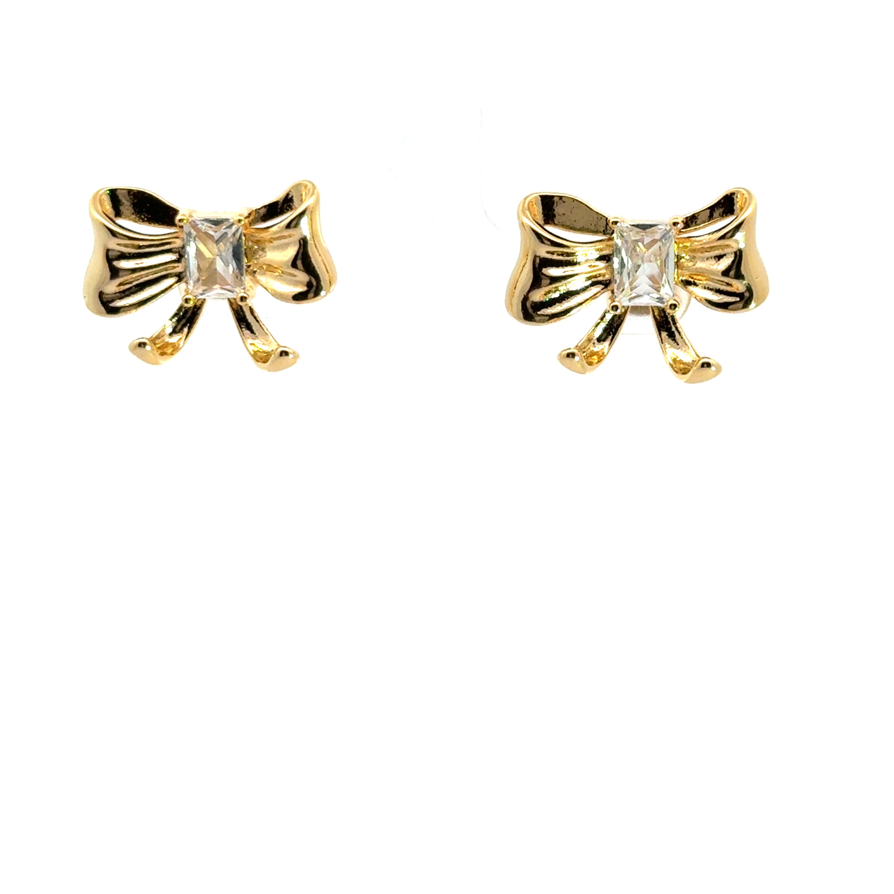 Yellow Gold Stud Earrings with Square Cut Diamond Bows