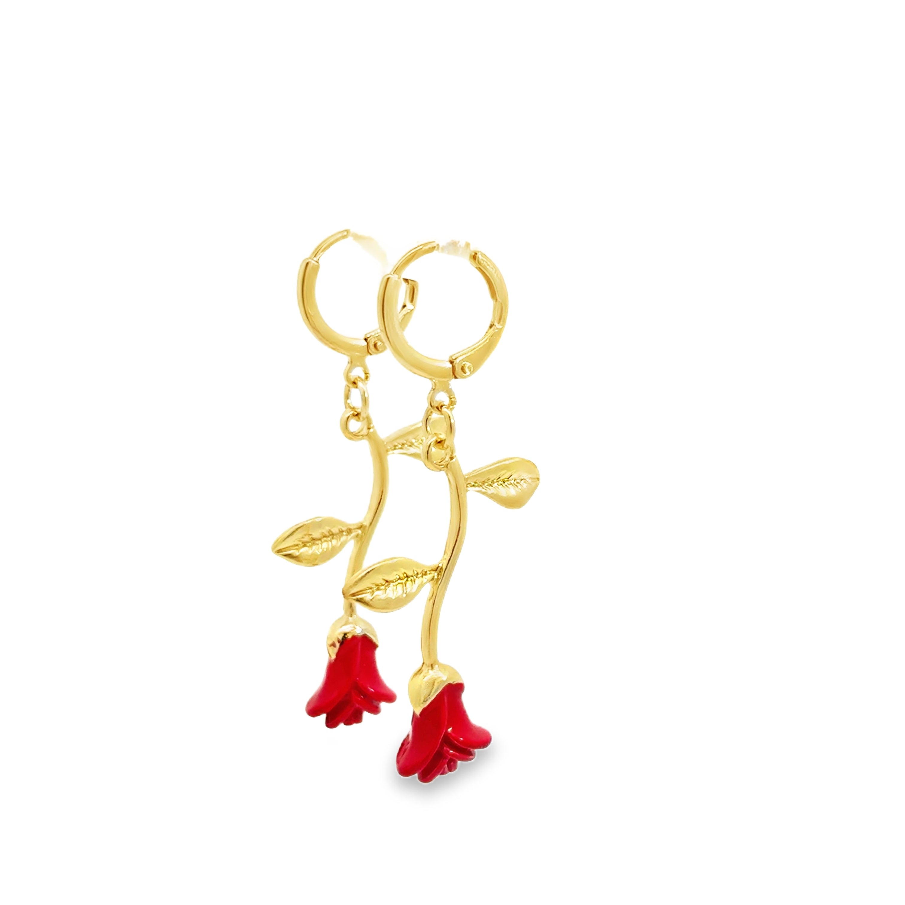 Yellow Gold Dangle Earrings with Red Coral roses