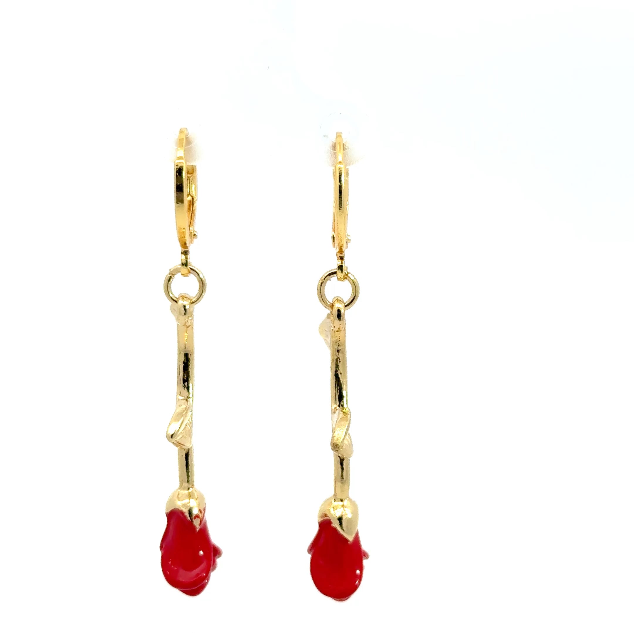 Yellow Gold Dangle Earrings with Red Coral roses