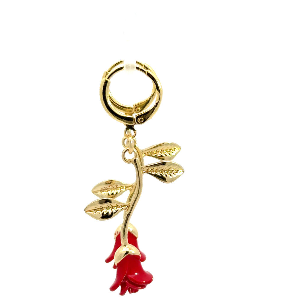 Yellow Gold Dangle Earrings with Red Coral roses