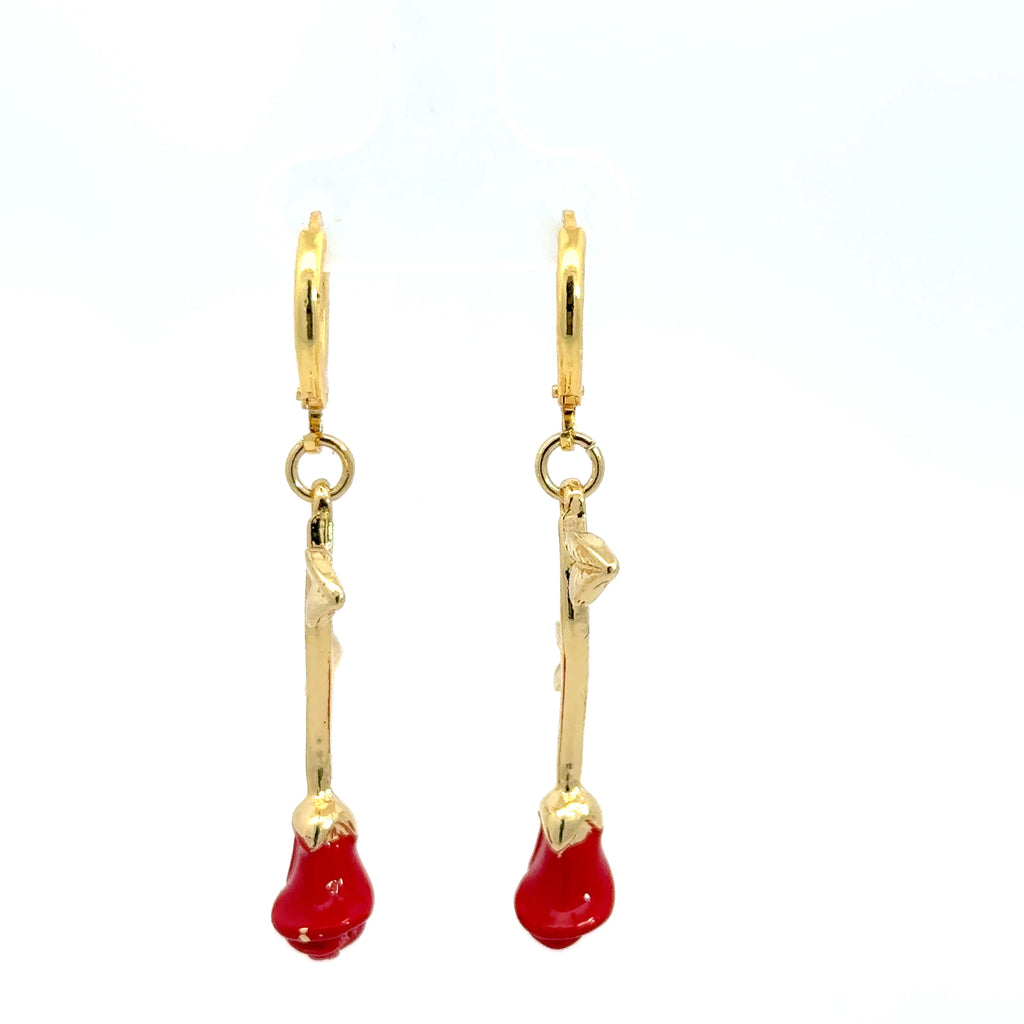 Yellow Gold Dangle Earrings with Red Coral roses